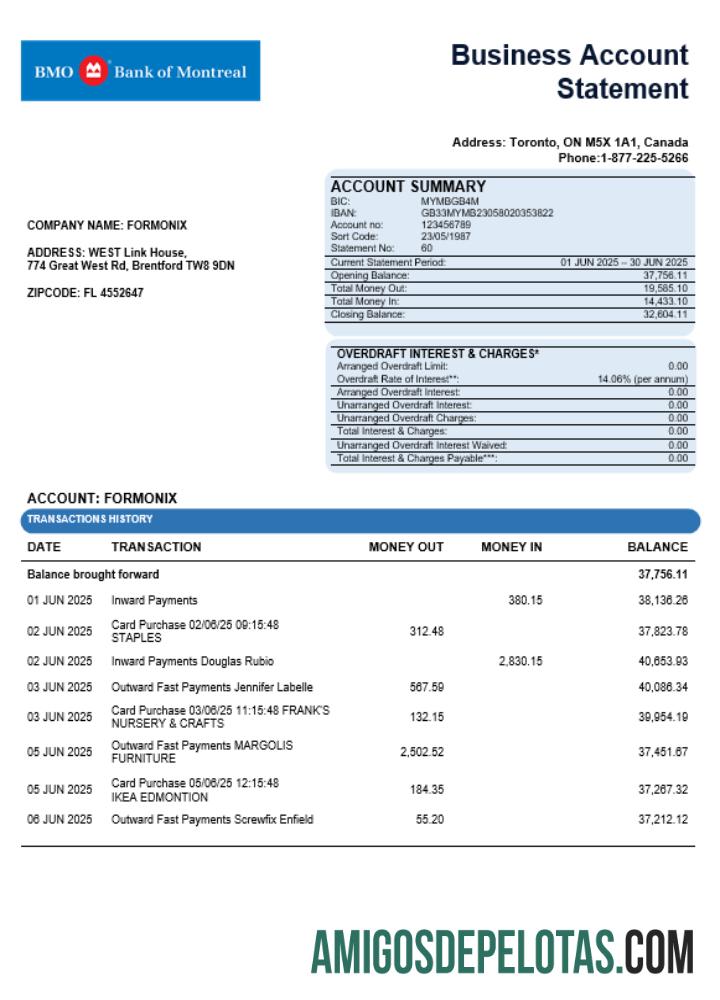 Exemplo de declaração da empresa do Banco de Montreal em formato Word e PDF